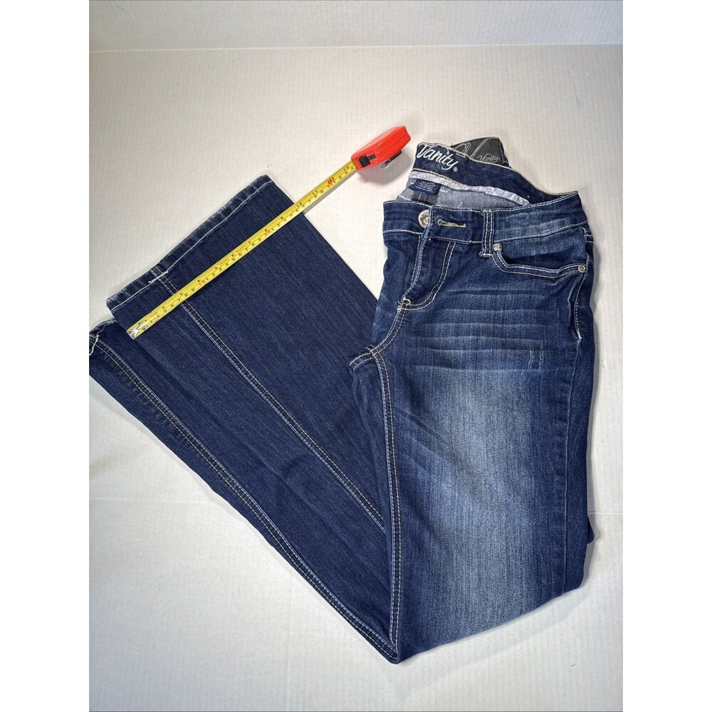 Vanity Dark Wash Low Rise Jeans 28 x 35” Tall Stretch Flare Embroidery